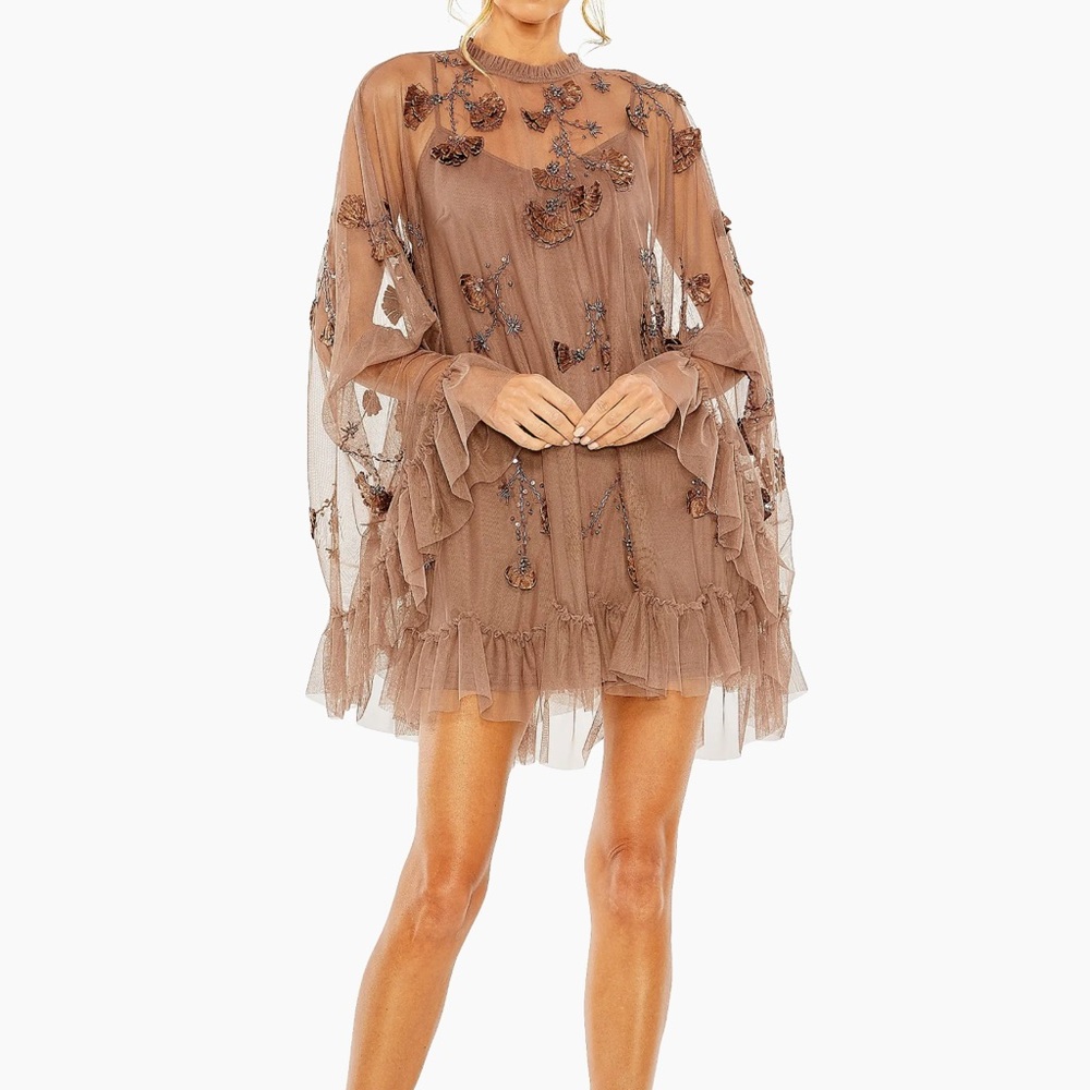 Embroidered Ruffle Mini Dress - Choc brown